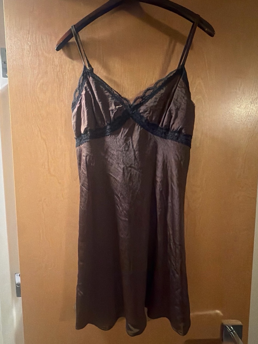 Satin Lace Trim Slip Dress - Brown